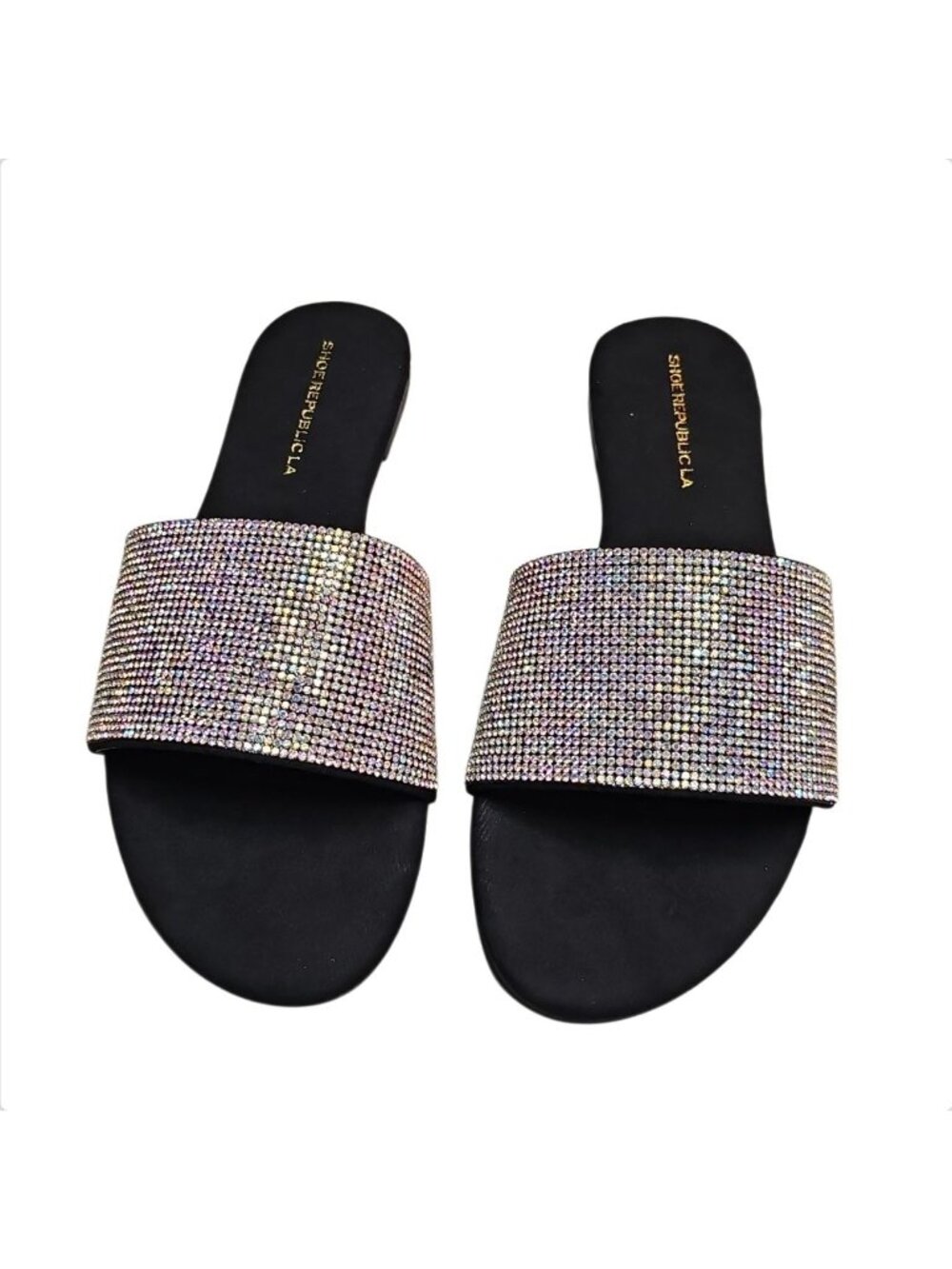 Rhinestone Embellished Slide Sandals Black Sole Multicolor Sparkle Band